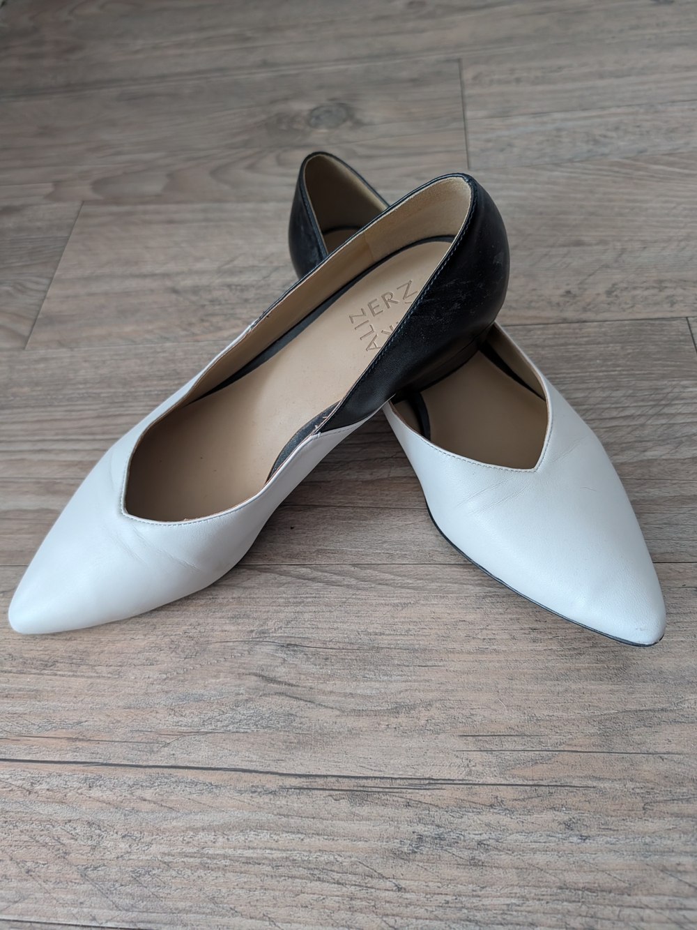 Naturalizer Two-Tone Pointed Flats in White and Black